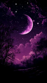 Vibrant crescent moon over purple starlit forest sky.