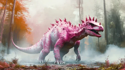 Pink spiked dinosaur stalking misty autumn forest scene.