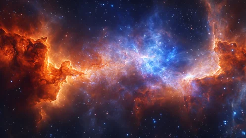 Fiery orange nebula frames radiant blue galactic core in space.