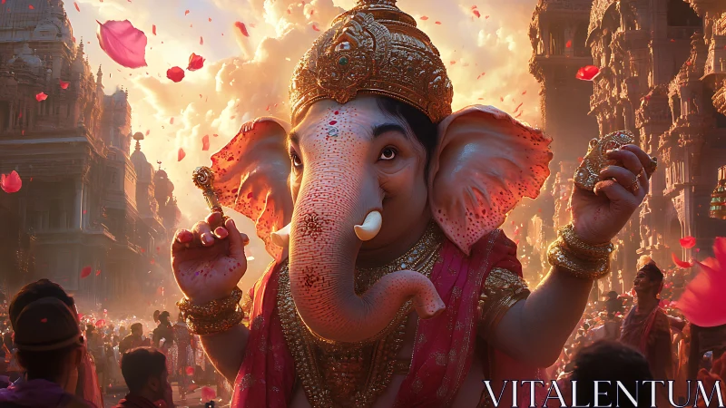 Majestic Ganesha idol glows amid festive temple procession.