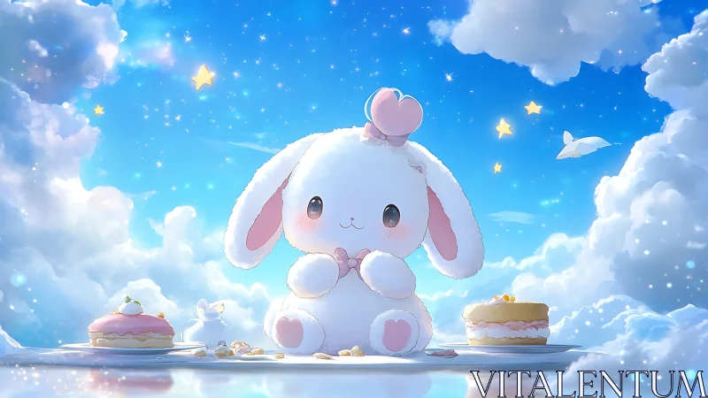 Celestial tea party with plush white bunny and pastel cakes