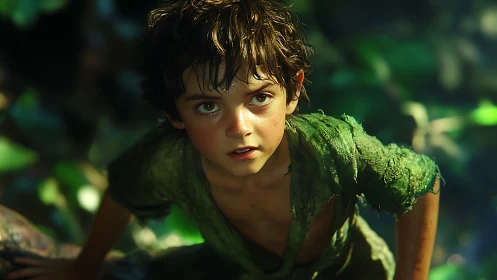Young forest adventurer crouches under dappled cinematic light
