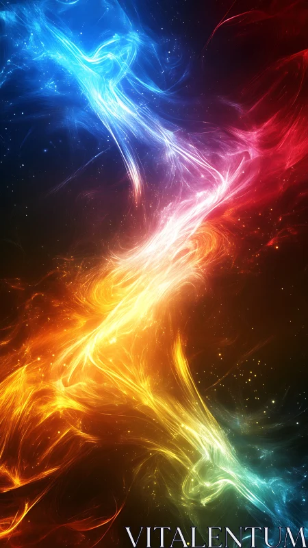Cosmic energy streams twist through radiant spectral colors.