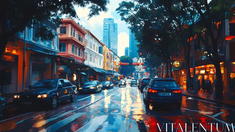 Rain-slick city street with traffic and neon storefronts.