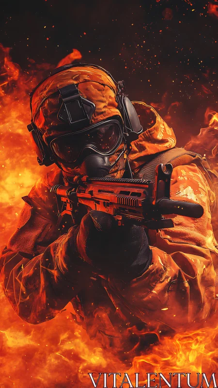 Blazing armored soldier moves forward through roaring fire