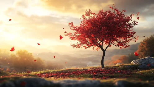 Single red tree stands in autumn landscape at bright sunset