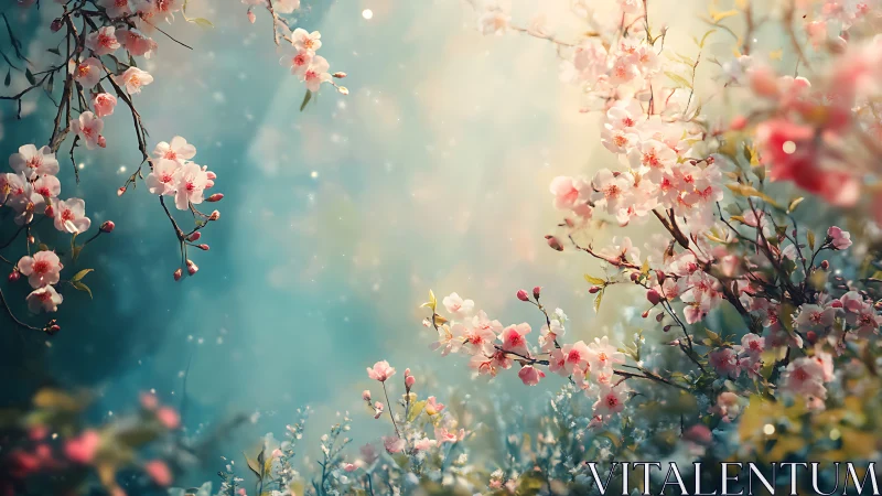 Pink flowering branches in soft-focus environment with bokeh lighting effects.