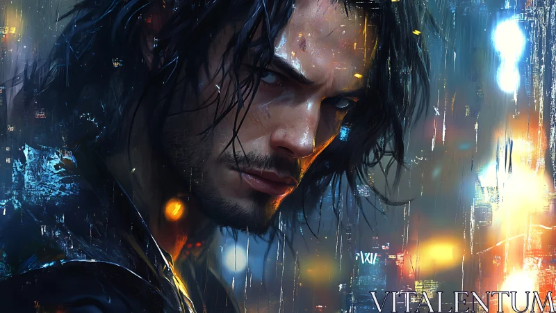 Brooding cyberpunk man in neon lit rainy cityscape scene