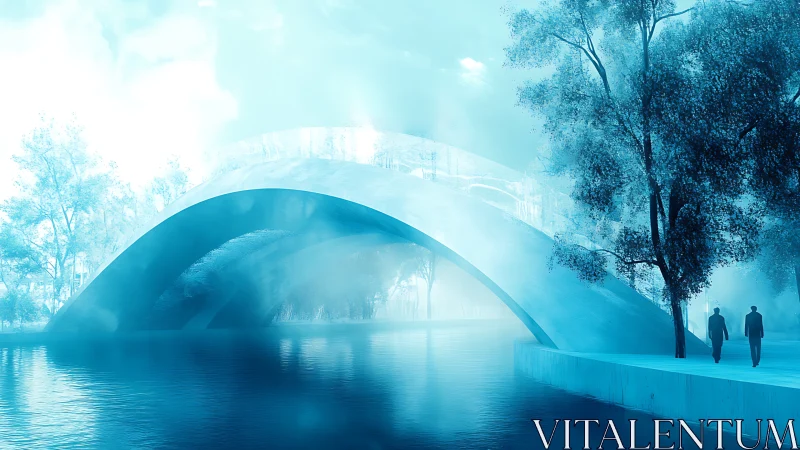 Futuristic misty bridge spans reflective river in cyan light.