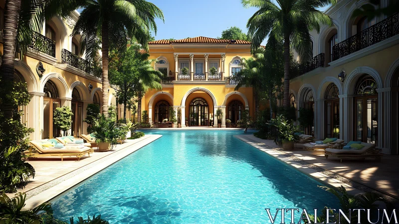 Mediterranean courtyard pool in sunlit luxury villa complex.