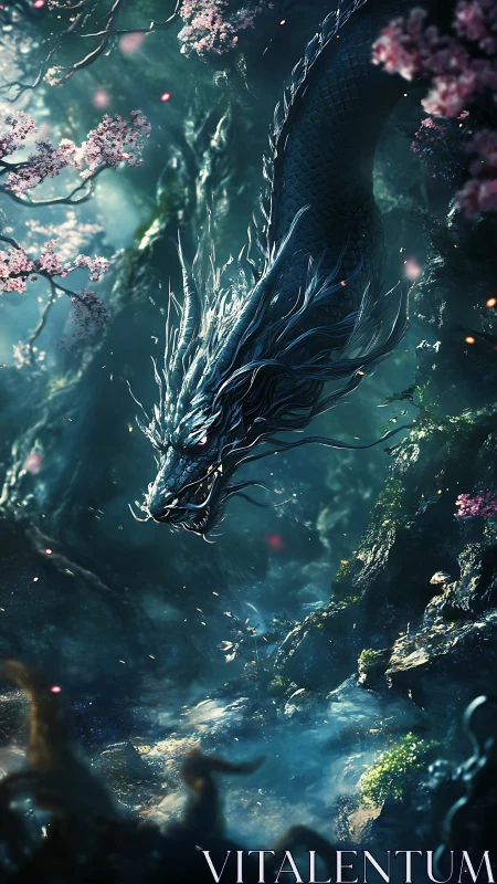 Serpentine forest dragon descending through teal misted gorge.