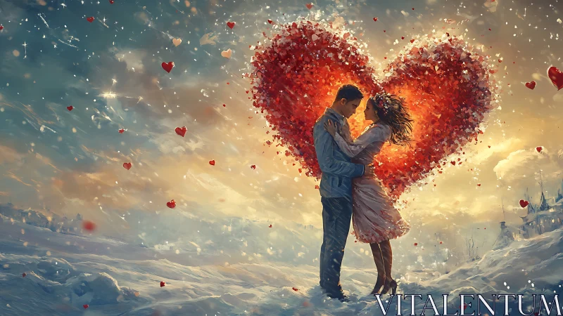 Romantic Couple Embracing Against Luminous Heart Particle Effect