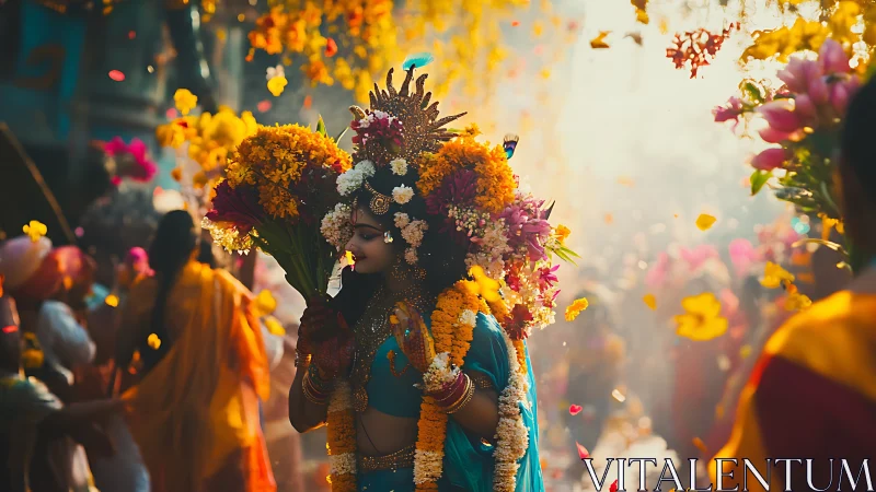 Decorated figure holds floral arrangements in crowded festival scene