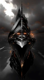 Midnight warship carves molten light across storm seas.