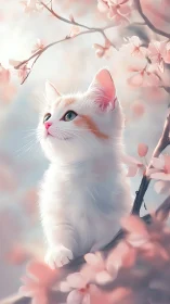 White Cat Among Pink Blossoms in Soft Focus