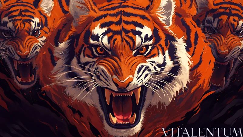 Triple tiger charge rendered in stylized high-contrast vector gradients