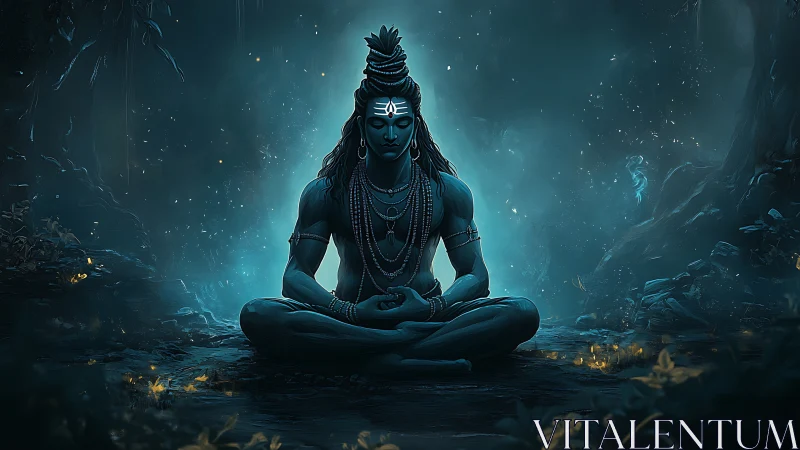 Blue-skinned seated figure in forest environment at night.