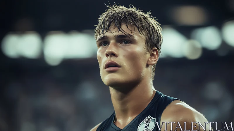 Focused young footballer under stadium lights, intense gaze.