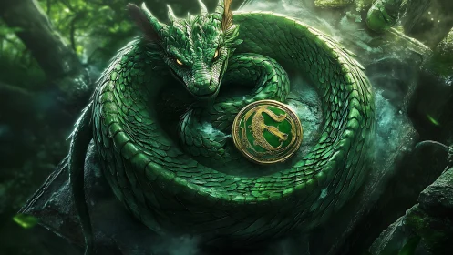 Emerald forest dragon curling around a secret golden medallion.