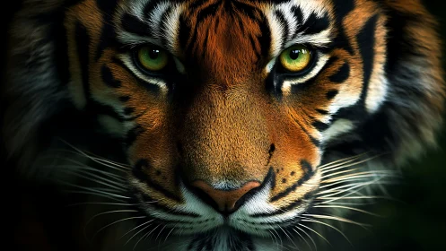 Tiger eyes lock forward under dramatic low-key lighting.