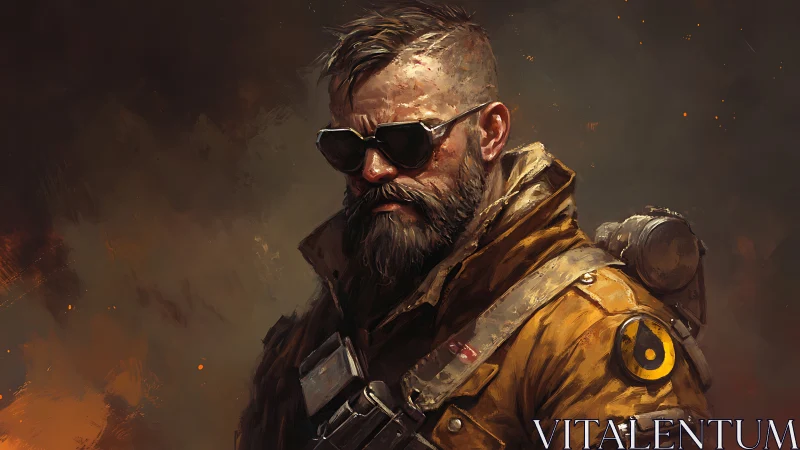 Bearded wasteland soldier stares forward in burning haze
