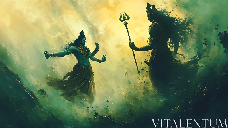 Divine warriors confront in swirling emerald atmospheric haze