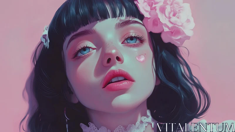 Digital portrait girl with flowers and pastel pink glow.