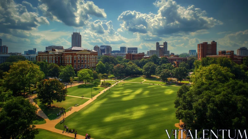 Urban campus green lawn with surrounding academic buildings.