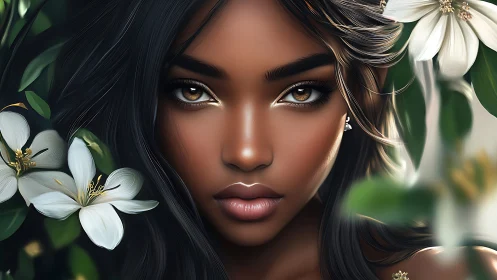 Digital portrait of woman with flowers and intense gaze.
