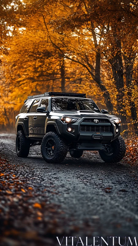 Photorealistic off-road SUV on autumn forest trail composition.