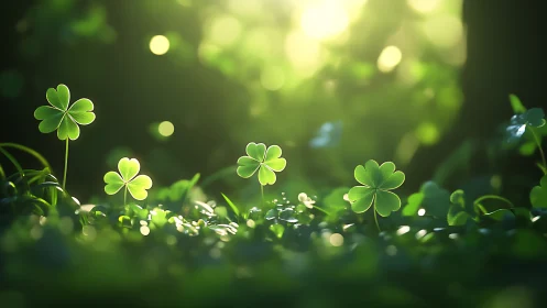 Sunlit clover leaves stand in sharp focus against blurred forest