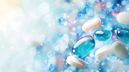 Pharmaceutical capsules in dynamic aqueous suspension field.