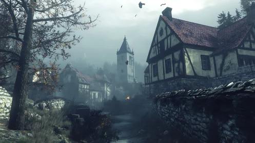 Foggy medieval village street sinks into eerie quiet