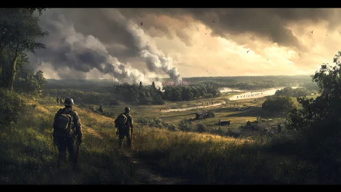 Soldiers watch a distant battlefield under a smoky golden sky