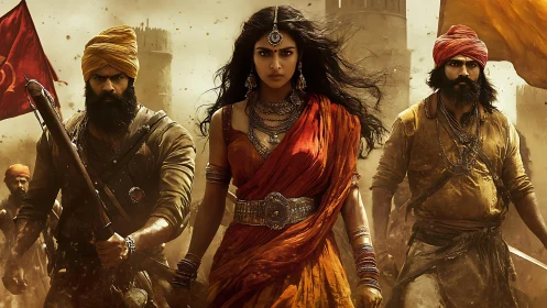 Historical battle tableau with three armed figures in focus.