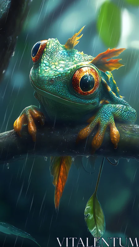 Rain-kissed dragon frog clings to a glowing jungle branch.