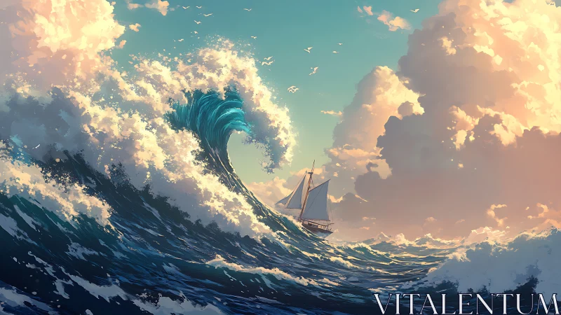 Sailing ship cuts storm-sculpted wave under golden clouds.