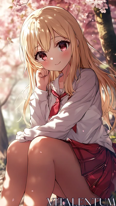 Smiling anime schoolgirl enjoys soft spring cherry blossoms