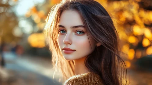 Soft autumn portrait with gentle gaze and golden light.