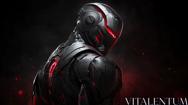 Dark armored cyborg with glowing red visor and accents.