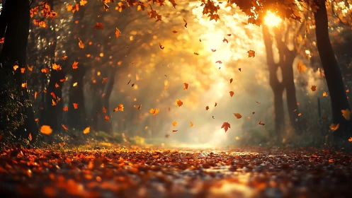 Sunlit forest path where autumn leaves quietly drift down.