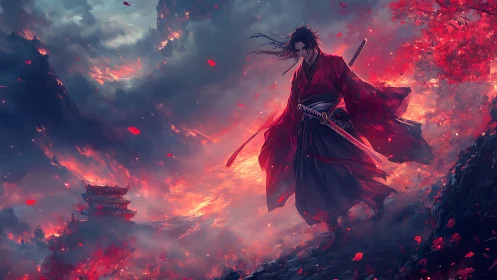 Samurai strides through burning petals and stormfire sky.