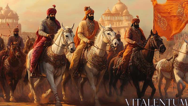 Regal cavalry procession advances before sunlit sandstone palaces