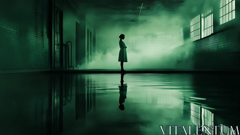 Silhouetted woman haunts flooded green hospital corridor