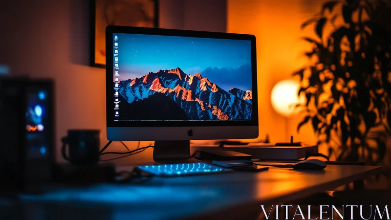 Backlit desktop workstation with vivid mountain display.