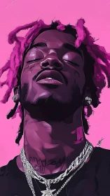 Vibrant pink portrait of rapper in stylized digital illustration.