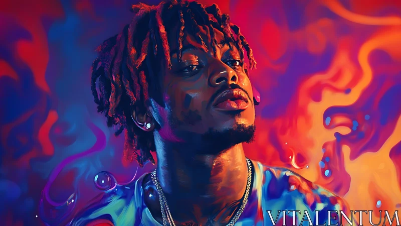 Neon-lit digital portrait of man with dreadlocks in warm bokeh field