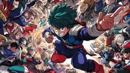 Energetic green haired hero leading intense anime battle.