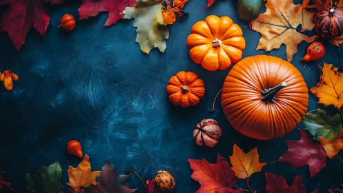 Assorted pumpkins and autumn leaves on dark background.