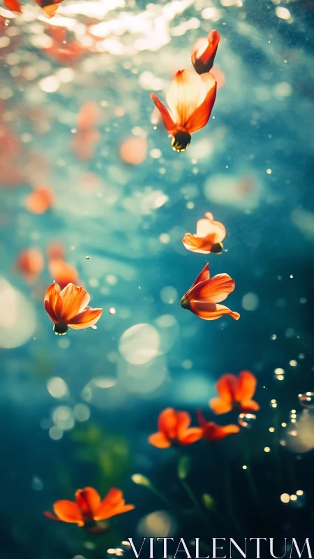 Floating Red Flowers Against Teal Bokeh.